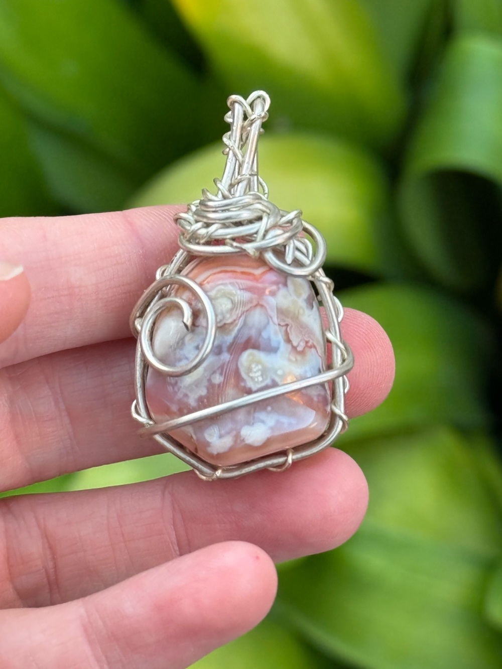 Handmade Wire-Wrapped Pink Ocean Jasper Pendant Necklace